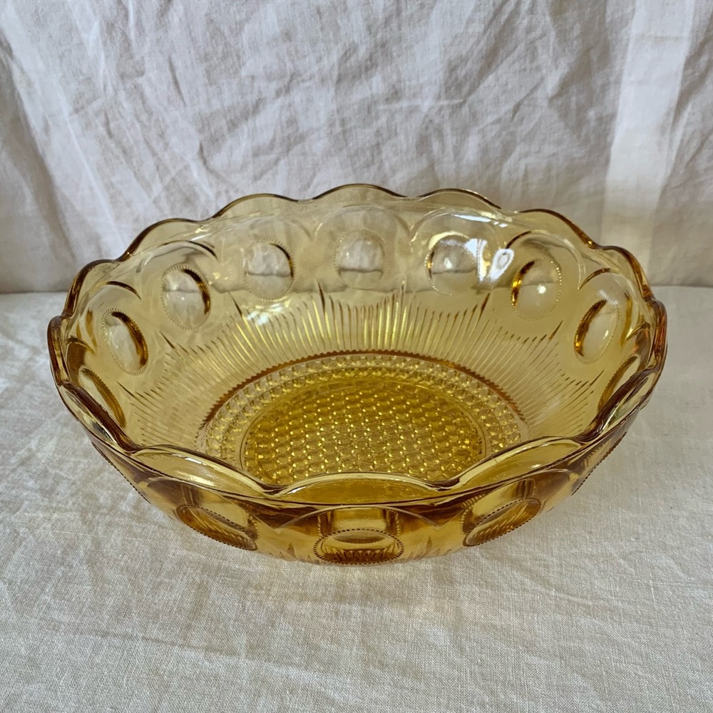 Bartlett Collins Manhattan Bullseye Amber Depression Glass Vintage Serving Bowl